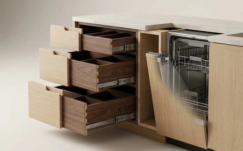 3D CAD cutaway showing drawer stacks and a panel-ready dishwasher