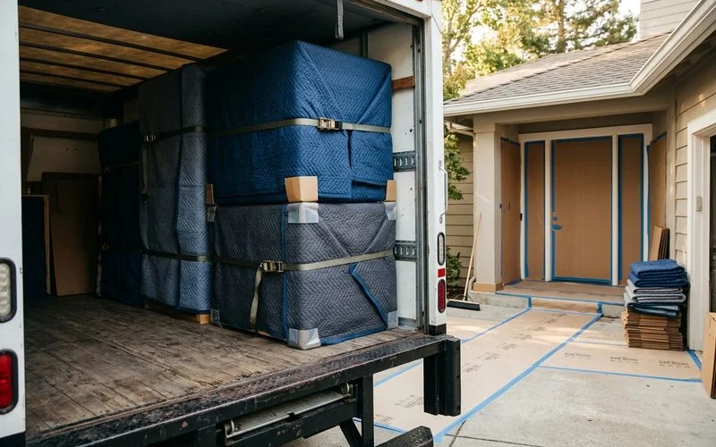 Blanket-wrapped cabinets strapped in a delivery truck