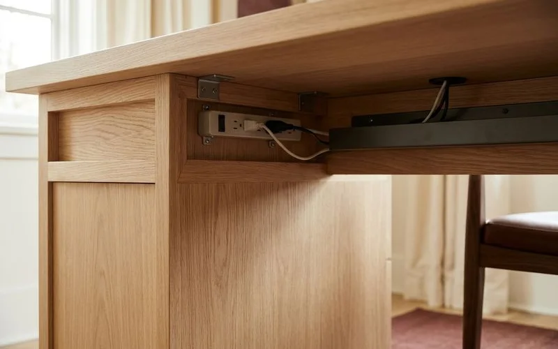 Cable tray and grommet under a built-in white oak desk