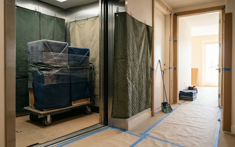 Blanket-wrapped cabinet boxes inside a padded freight elevator