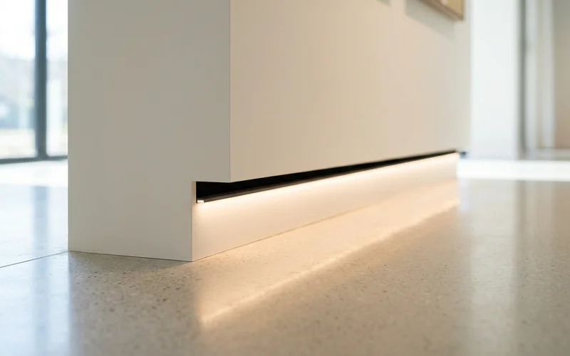 Shadow reveal with an LED channel at the base of a display wall