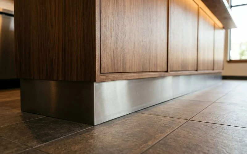 Stainless kick plate on a walnut bar face