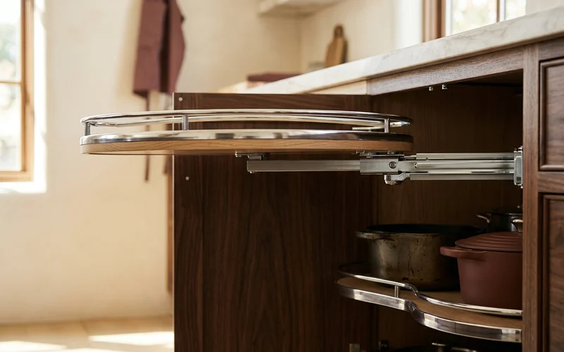 LeMans blind-corner pull-out swinging out of a base cabinet