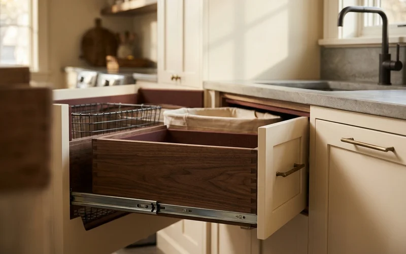 Pull-out double hamper beside a utility sink