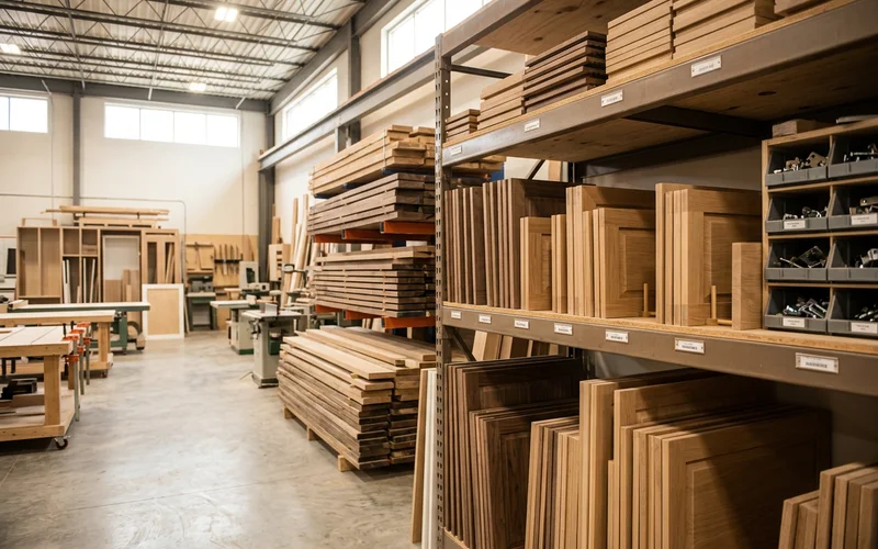 Replacement cabinet doors and hinges stored by SKU in the shop