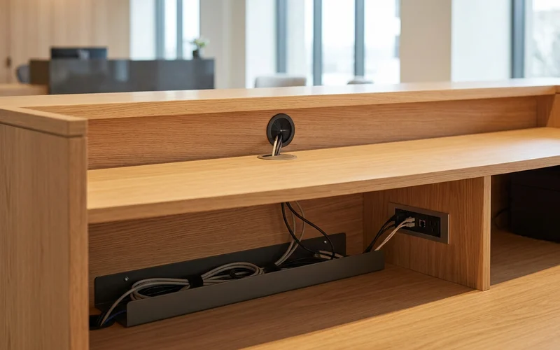 Wire management inside an office reception desk