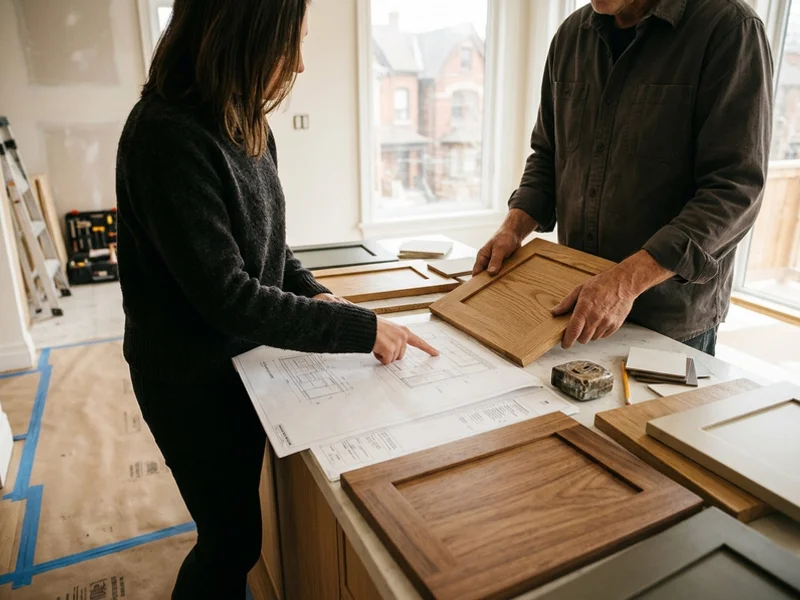 Designer reviewing a printed kitchen layout and door samples during a design visit