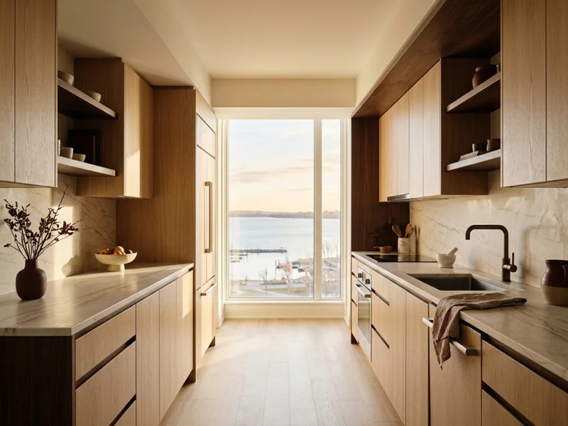 Flat-slab white oak galley kitchen in a Harbourfront condo suite