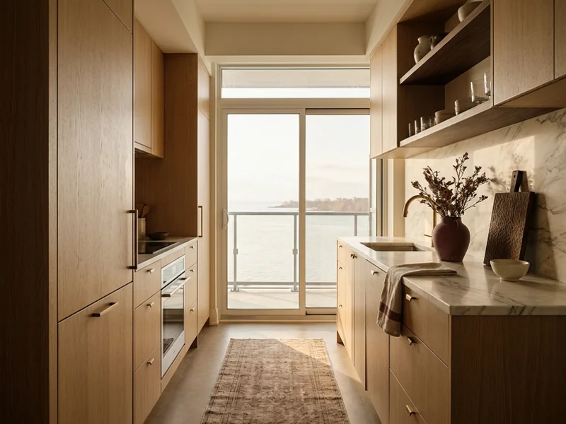 Compact condo galley with a lake view at Humber Bay Shores