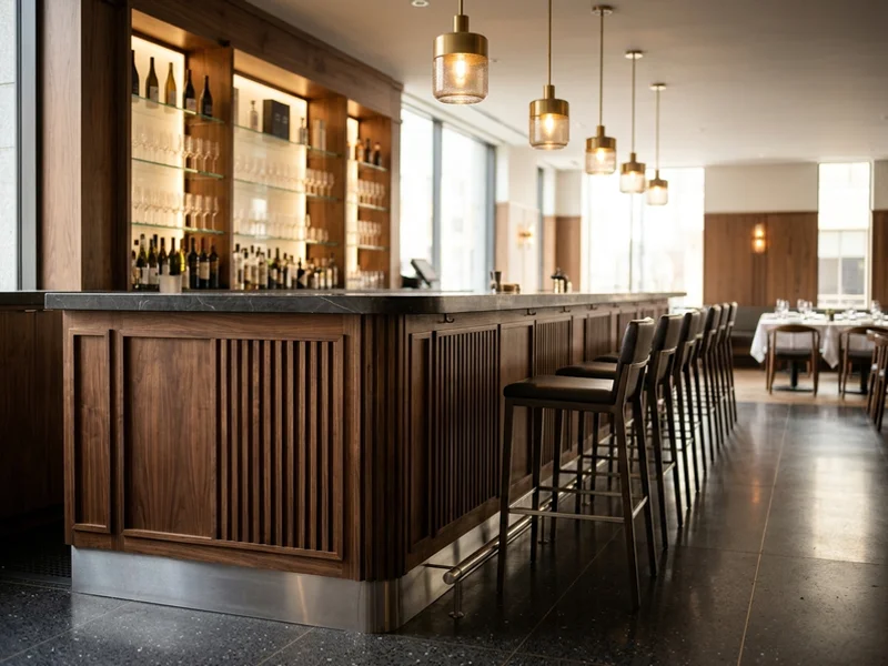 Walnut bar millwork with stainless kick plates in a King West restaurant