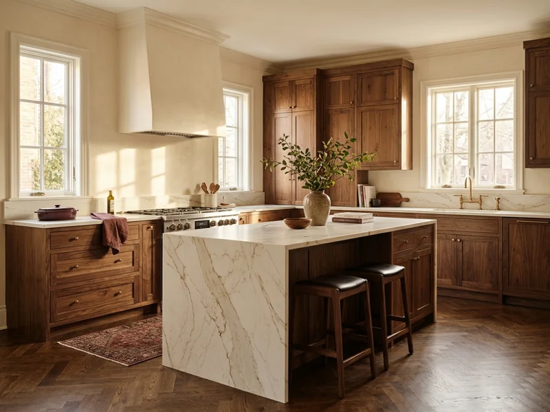 Walnut Shaker kitchen with a Calacatta Gold waterfall island in a Rosedale heritage home