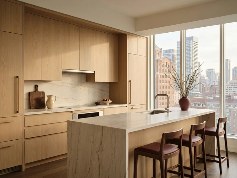 White oak condo kitchen with a downtown Toronto view