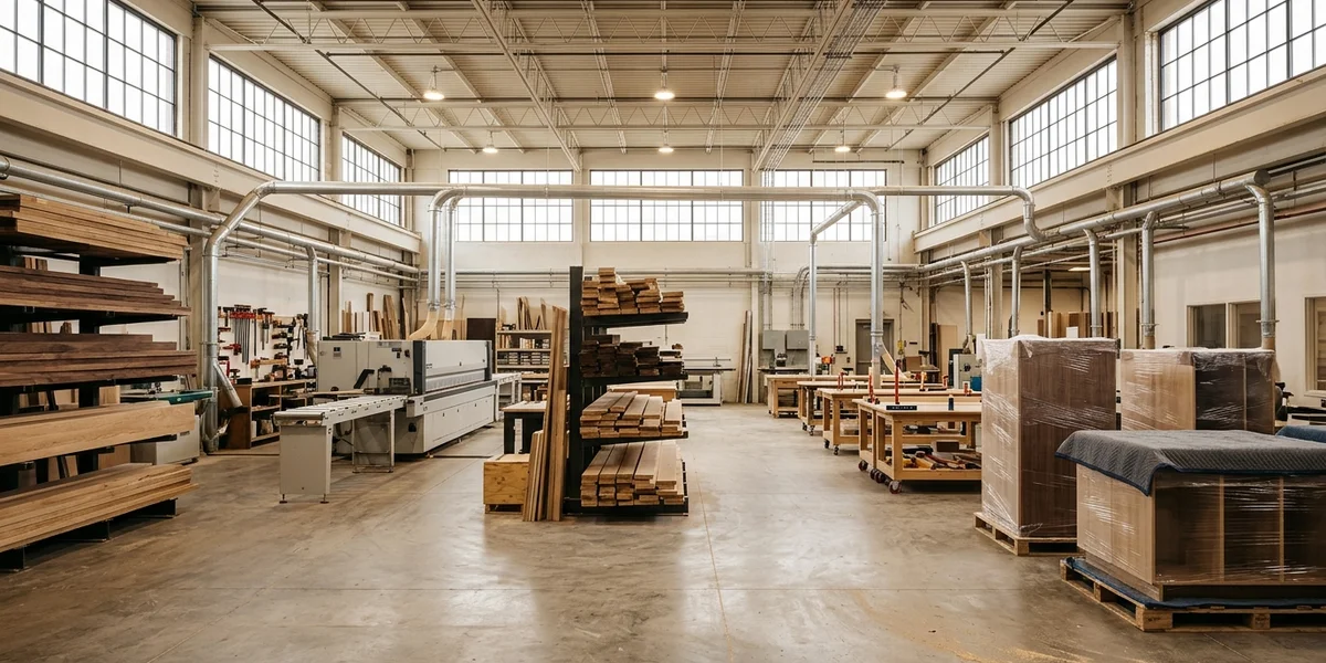 Clean shop floor with CNC, edge bander and wrapped cabinet boxes
