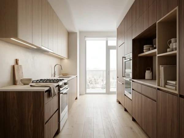 3D rendering of a condo galley kitchen