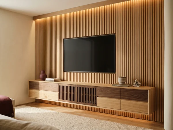 White oak acoustic slat media wall with LED