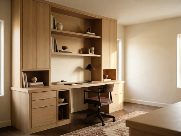 After: white oak office wall with a built-in desk in Forest Hill