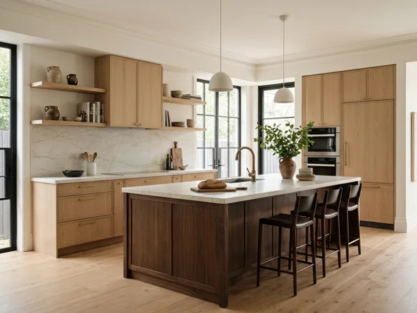 After: approved 3D rendering of a white oak and walnut kitchen in Moore Park