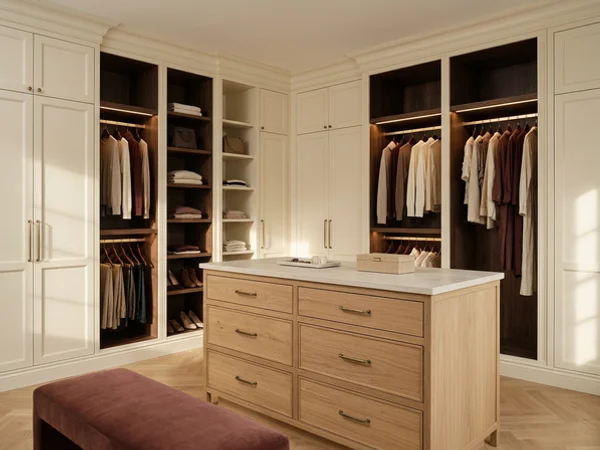 After: dressing room with a white oak drawer island in Lawrence Park