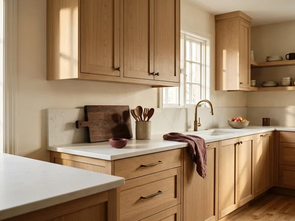 After: white oak Shaker kitchen with Caesarstone in Leaside