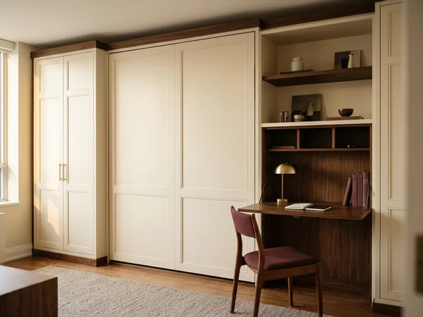 After: Murphy bed wall unit with a desk in a St. Lawrence condo den