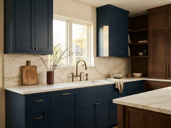 After: painted poplar kitchen with Calacatta Gold quartz in Riverdale