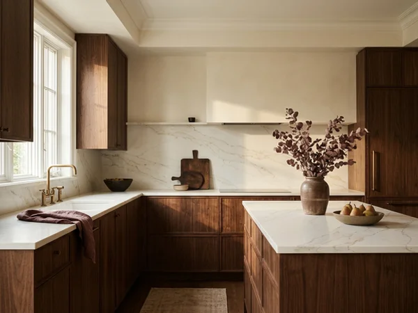 After: walnut flat-slab kitchen with Calacatta Gold quartz in Rosedale