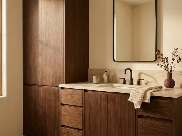 Shallow linen tower beside a condo vanity