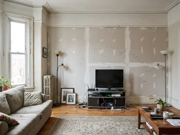 Before: bare living room wall in a Trinity Bellwoods Victorian
