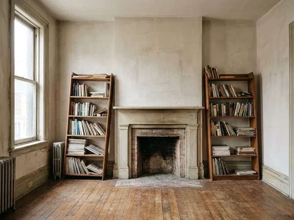 Before: freestanding shelves beside a fireplace in Cabbagetown