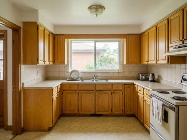 Before: yellowed oak Shaker kitchen in Scarborough Village