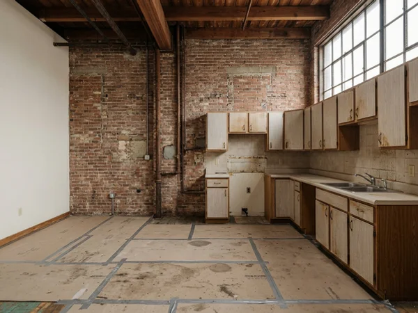 Before: empty loft kitchen with protection laid in Corktown