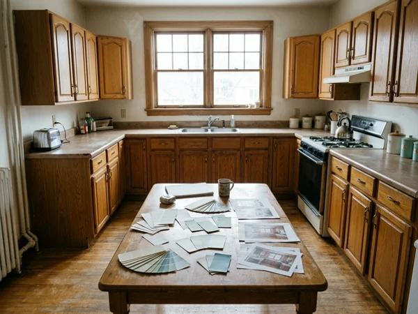 Before: paint swatches and printouts in a Wychwood kitchen