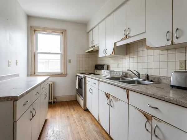 Before: peeling laminate cabinet doors in a Leaside kitchen