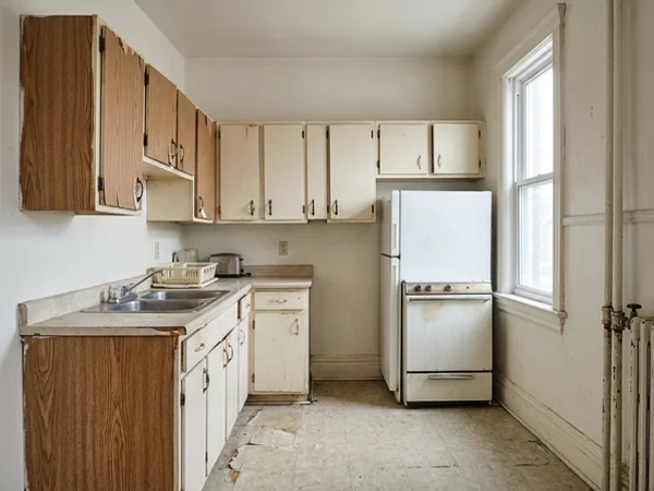 Before: worn rental kitchen with mismatched doors in Parkdale