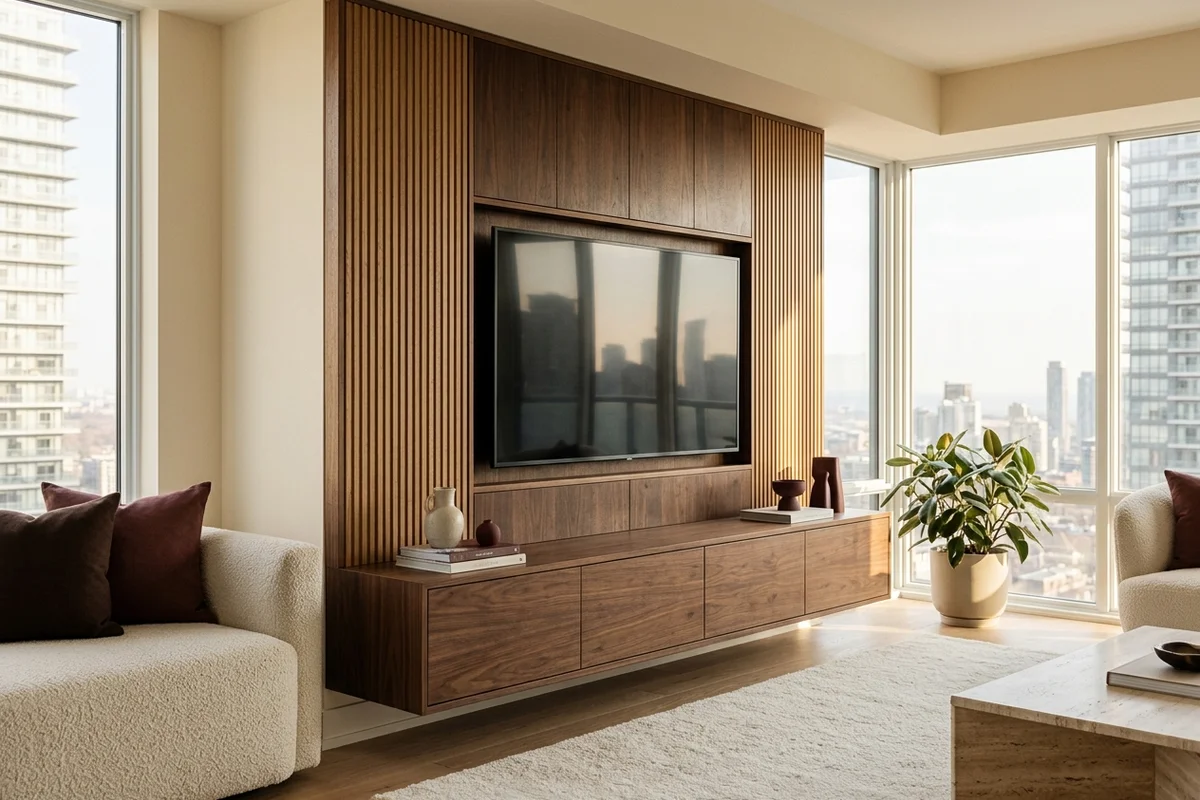 Walnut and fluted oak condo media wall with a floating console