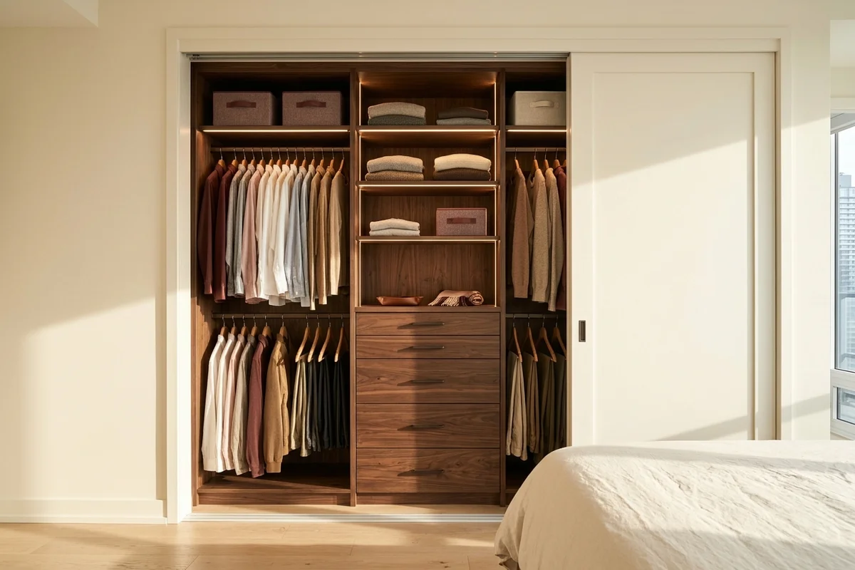 Condo reach-in closet with double hang, drawers and LED lighting