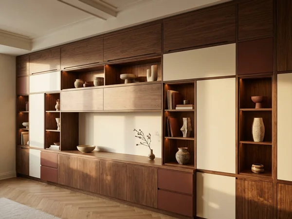 Floor-to-ceiling condo storage wall with lift-up doors