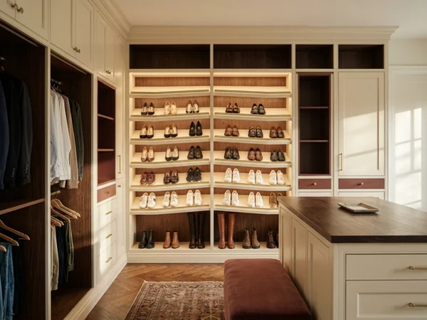 Lit shoe wall with angled shelves