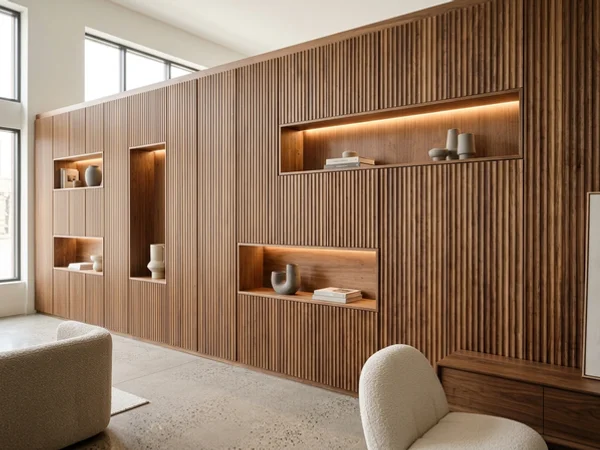 Fluted walnut feature wall with display niches
