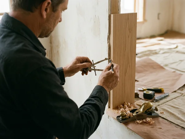 Installer scribing an end panel to an uneven wall