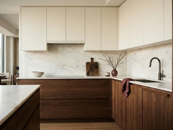 L-shaped condo kitchen with walnut lowers and white uppers