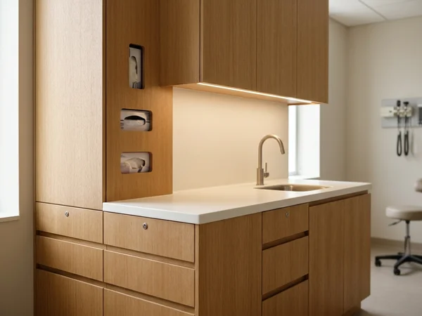 Medical exam room cabinetry with glove box cut-outs