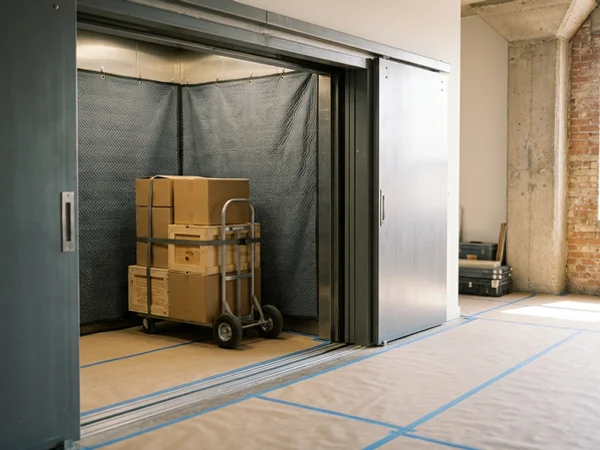 Cabinets on a dolly in a padded freight elevator