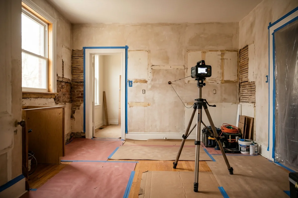 Proliner laser templating tool measuring an empty kitchen