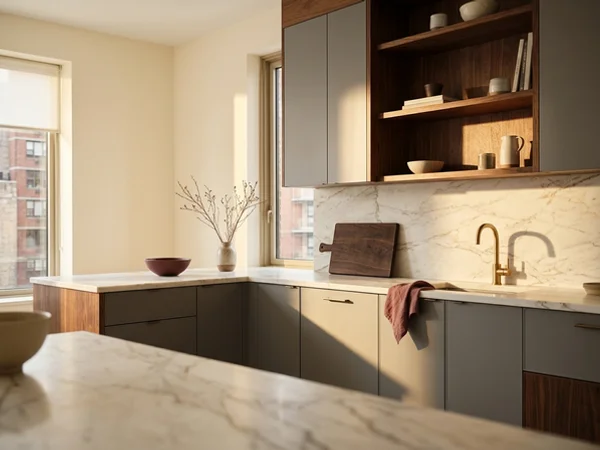 Rental kitchen with standard SKU grey slab doors