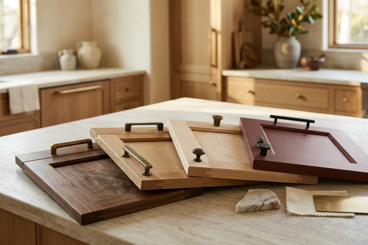 Sample doors in white oak, walnut, maple and painted poplar on a kitchen island