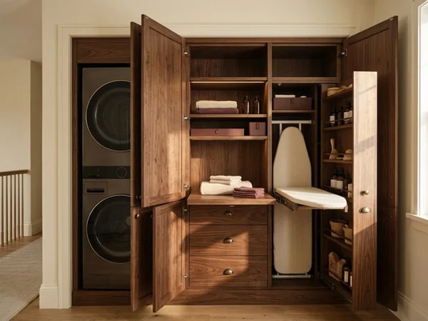 Second-floor laundry closet with a pull-out ironing board