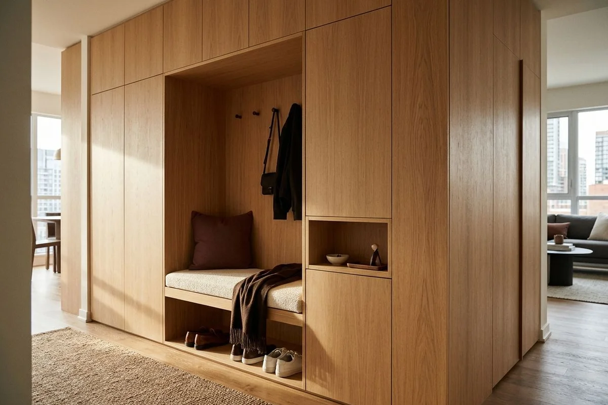 Shallow condo entry cabinetry with handleless white oak doors