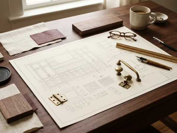 Shop drawing sheet with cabinet schedule and hardware callouts