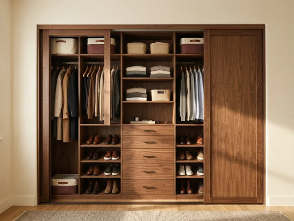 Reach-in closet with a centre drawer tower